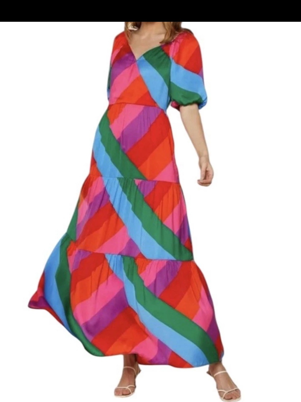 Skies Are Blue Rainbow Colorblock Puff Sleeve Maxi Dress